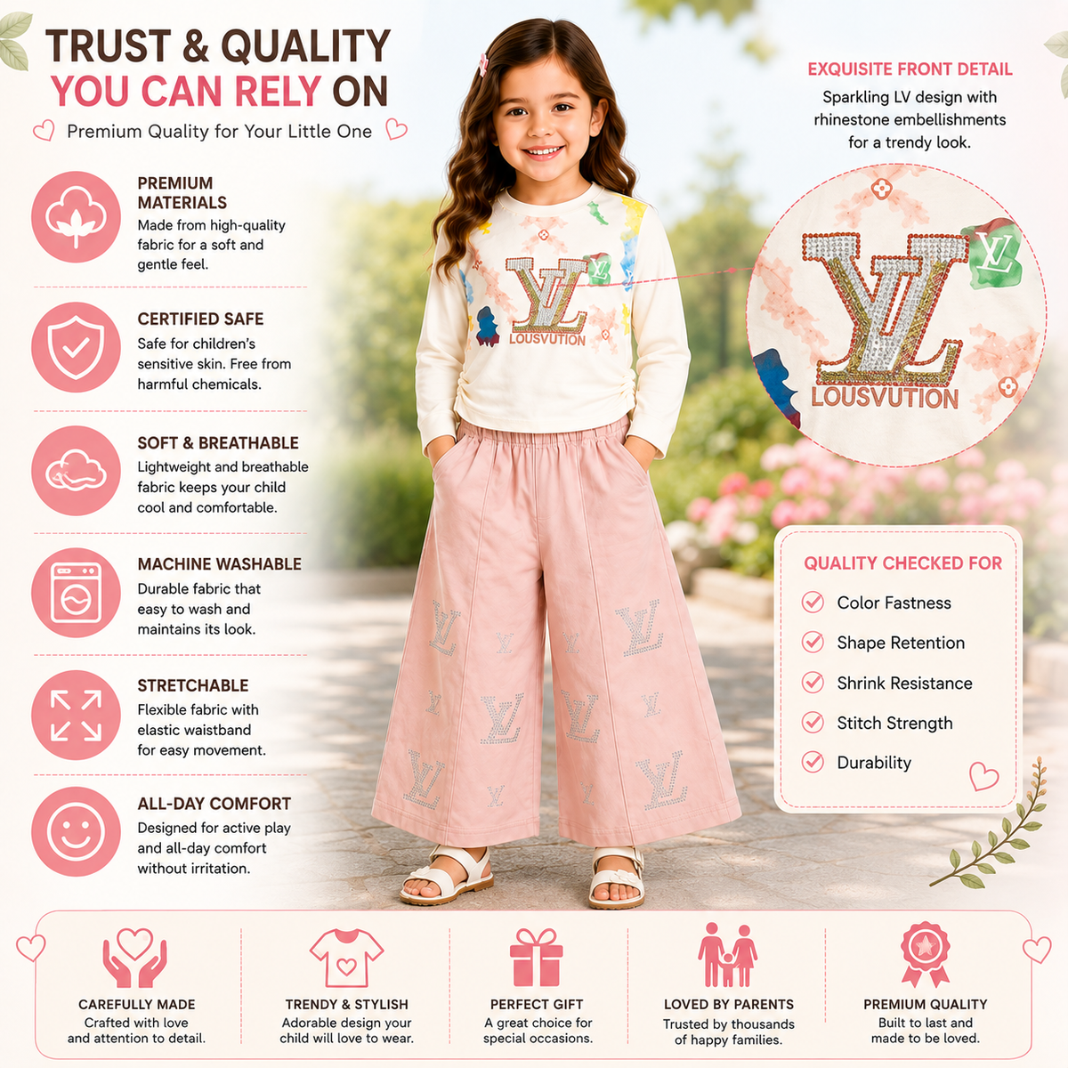 Girls 2-Piece Summer Outfit Set – Cream Printed Top & Light Blue Wide-Leg Pants | Stylish Casual Kids Set