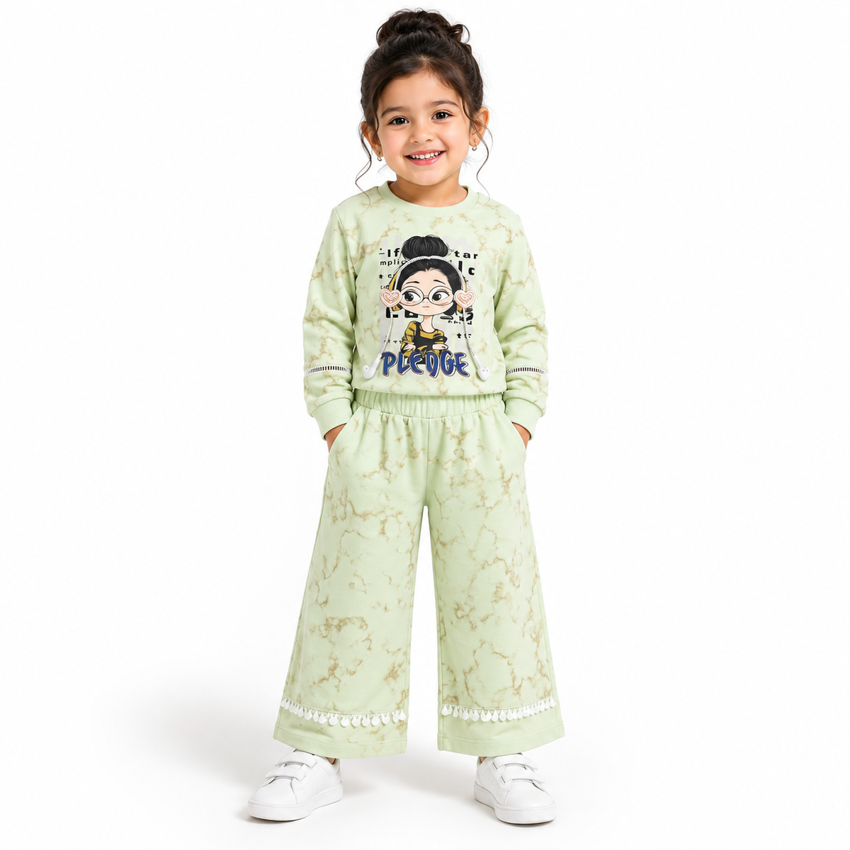 Girls Green 2-Piece Sweatshirt & Wide-Leg Pants Set