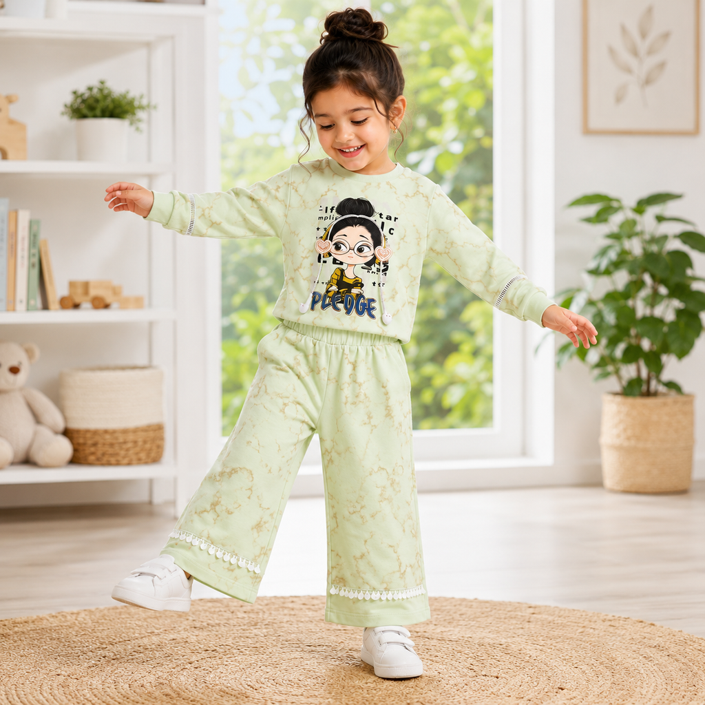 Girls Green 2-Piece Sweatshirt & Wide-Leg Pants Set