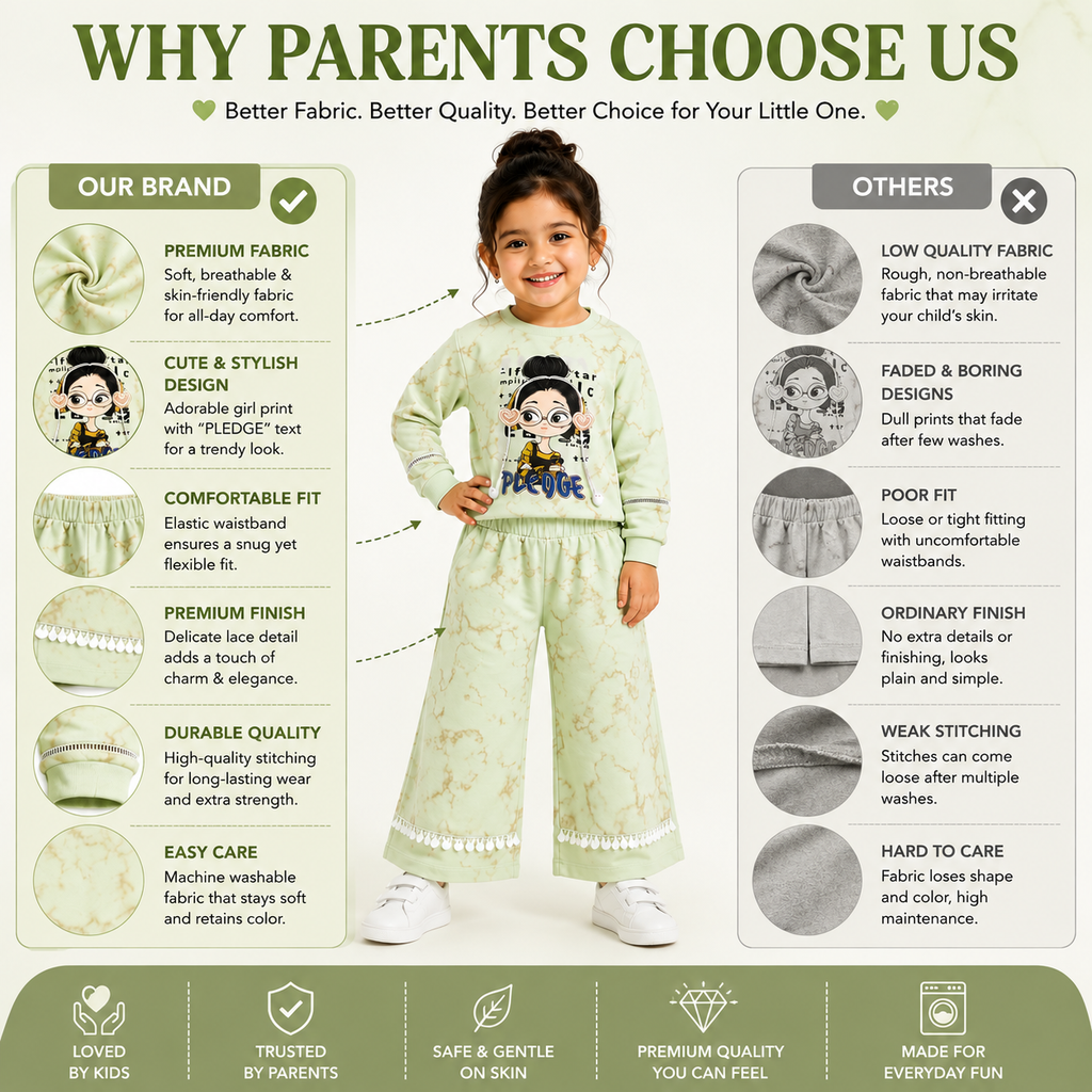 Girls Green 2-Piece Sweatshirt & Wide-Leg Pants Set