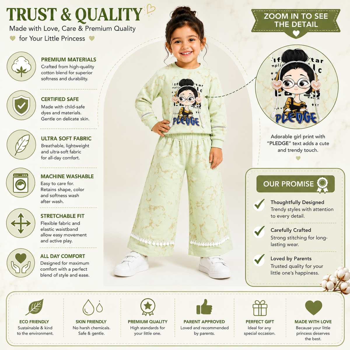 Girls Green 2-Piece Sweatshirt & Wide-Leg Pants Set
