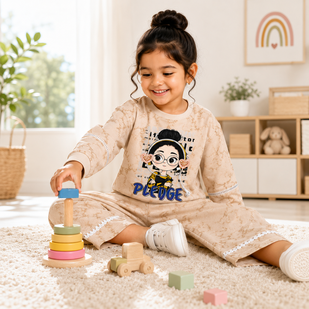 Girls Green 2-Piece Sweatshirt & Wide-Leg Pants Set