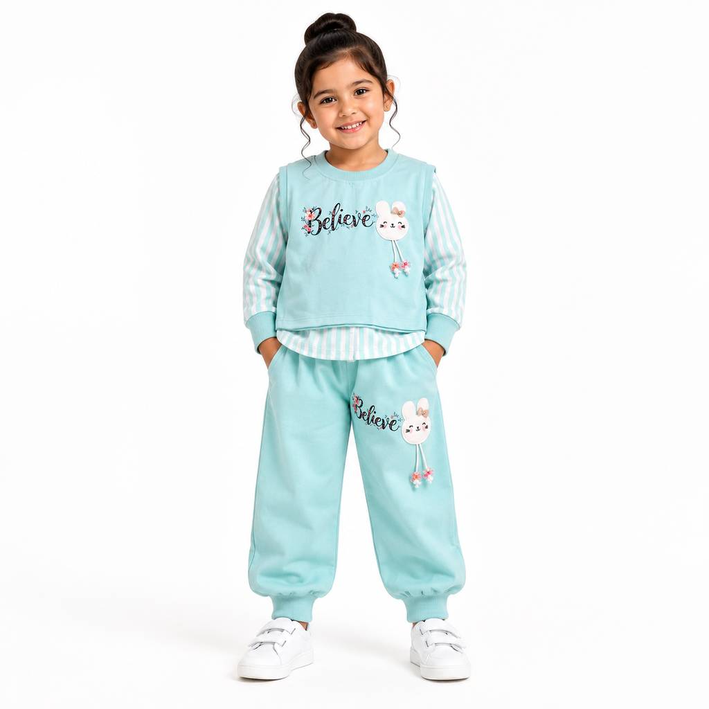 Girls Bunny 3 Piece Outfit Set, Cute Sweatshirt & Jogger Pants