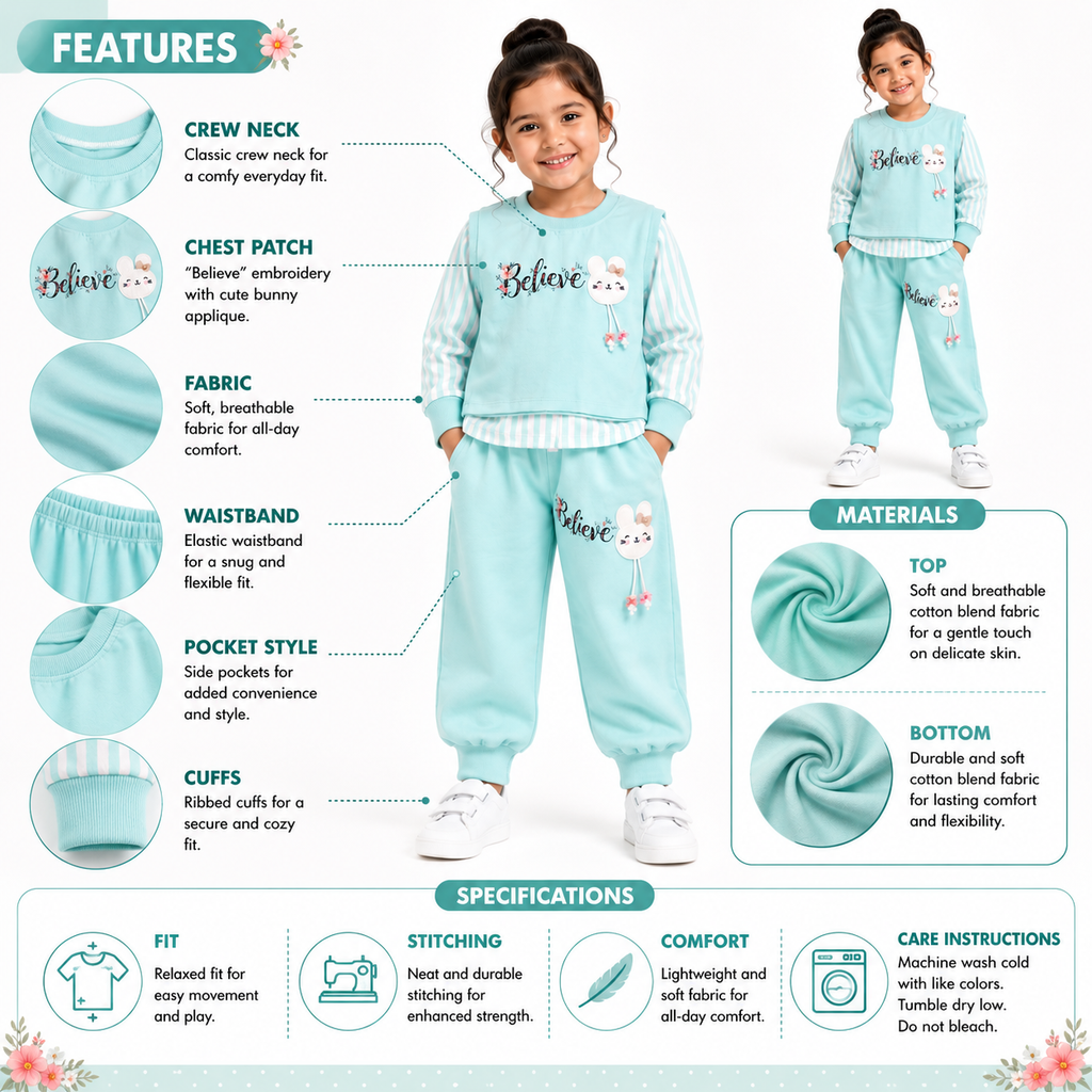 Girls Bunny 3 Piece Outfit Set, Cute Sweatshirt & Jogger Pants