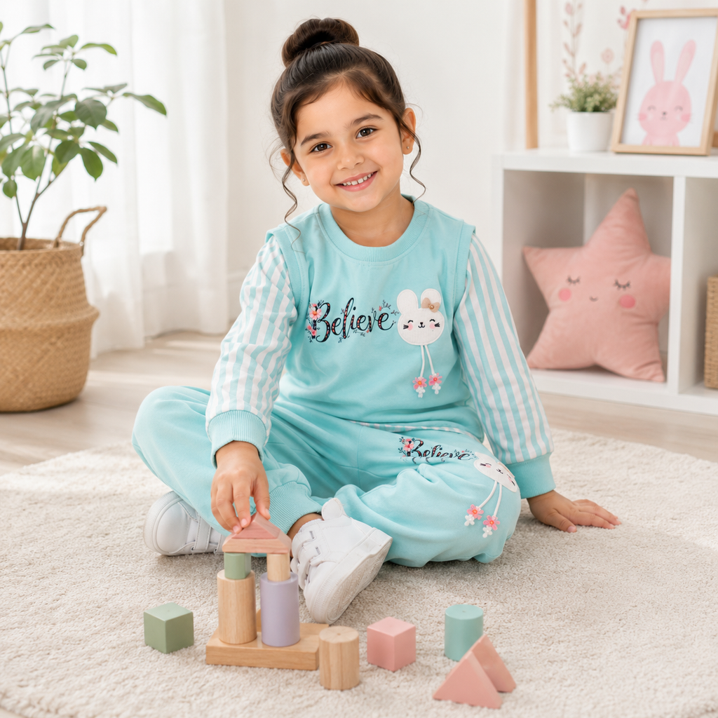 Girls Bunny 3 Piece Outfit Set, Cute Sweatshirt & Jogger Pants