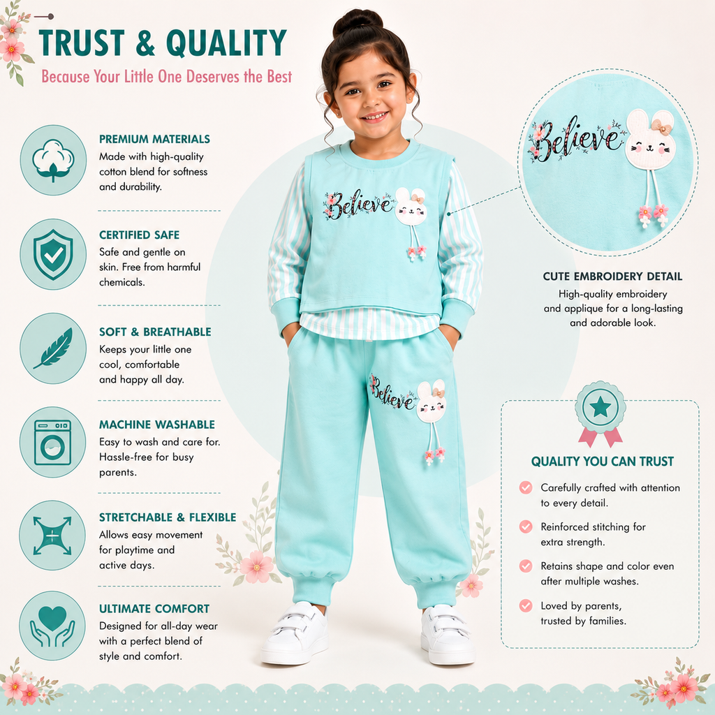 Girls Bunny 3 Piece Outfit Set, Cute Sweatshirt & Jogger Pants