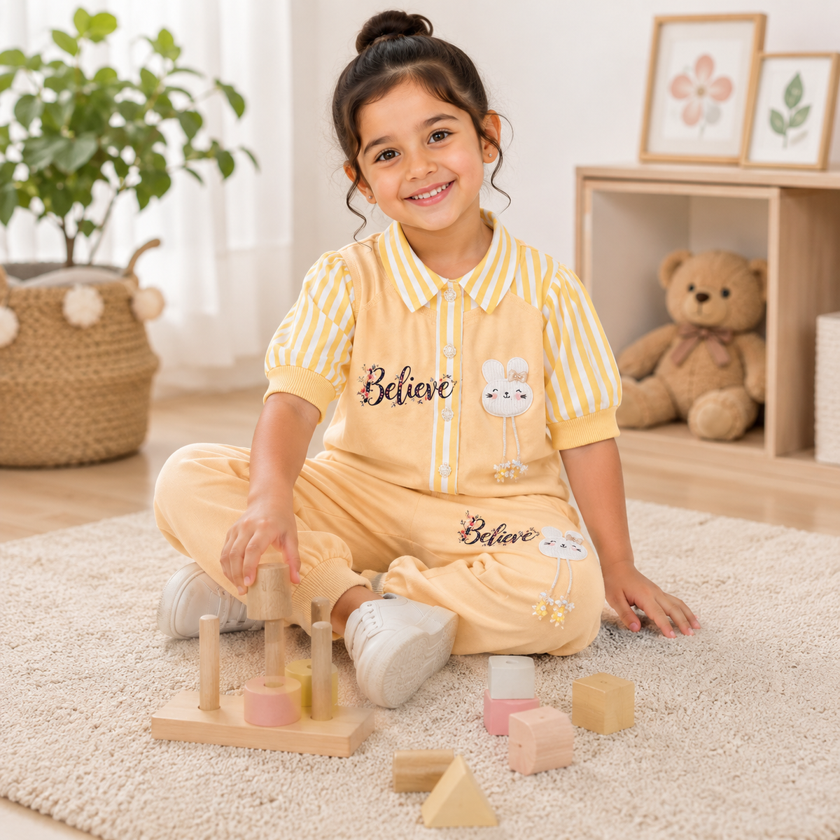 Girls Bunny 3 Piece Outfit Set, Cute Sweatshirt & Jogger Pants