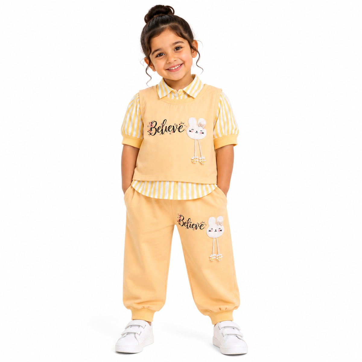 Girls Bunny 3 Piece Outfit Set, Cute Sweatshirt & Jogger Pants