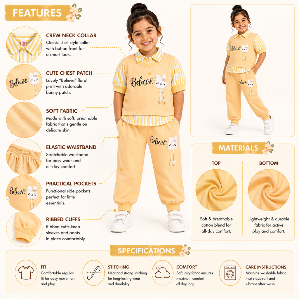 Girls Bunny 3 Piece Outfit Set, Cute Sweatshirt & Jogger Pants