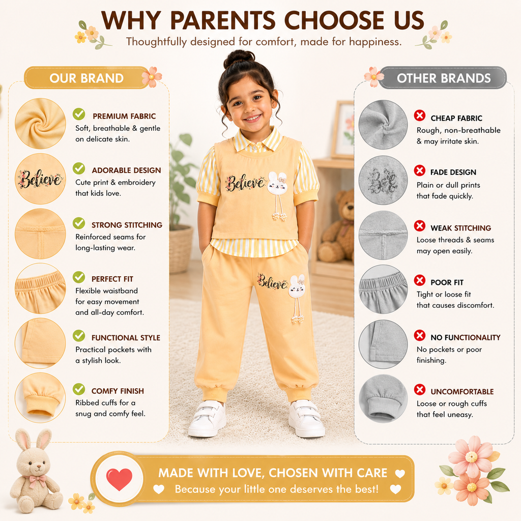 Girls Bunny 3 Piece Outfit Set, Cute Sweatshirt & Jogger Pants