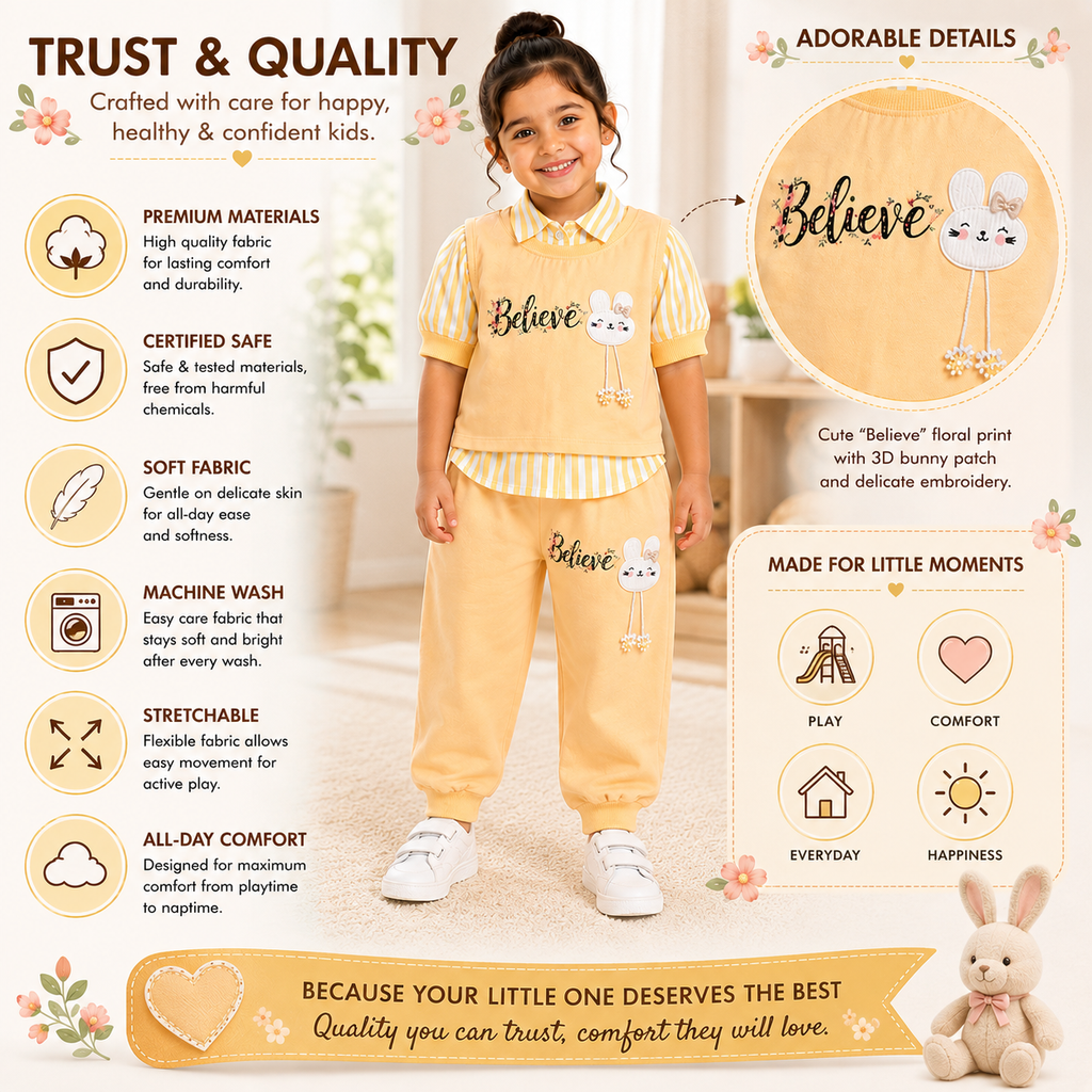 Girls Bunny 3 Piece Outfit Set, Cute Sweatshirt & Jogger Pants