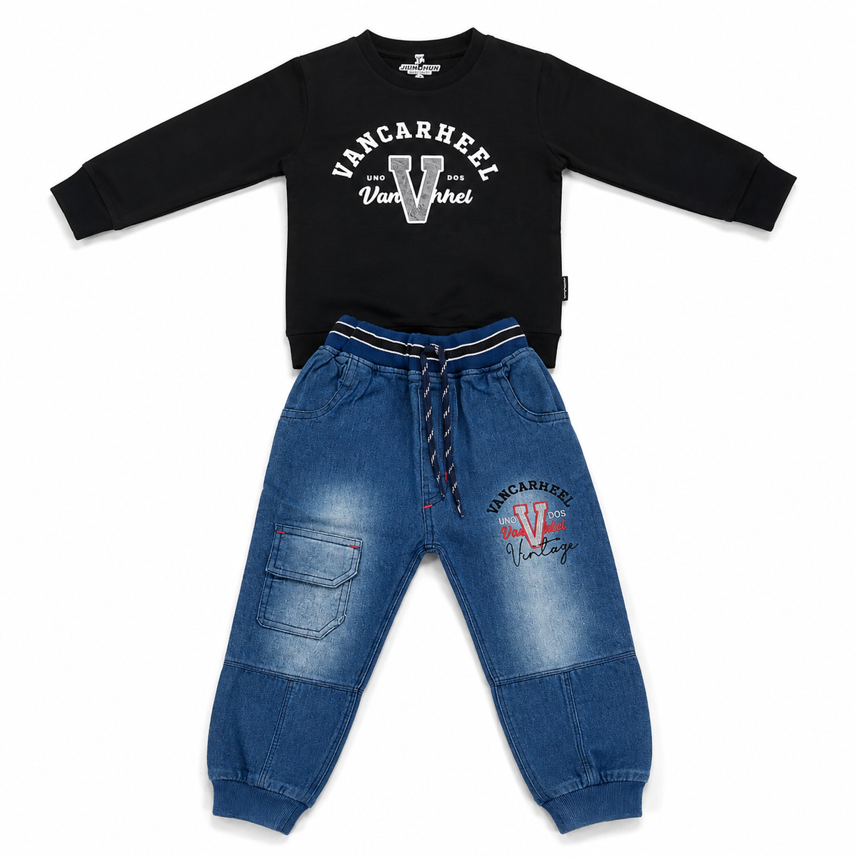 Boys 2 Piece Outfit Set, Sweatshirt & Blue Denim Jogger Pants