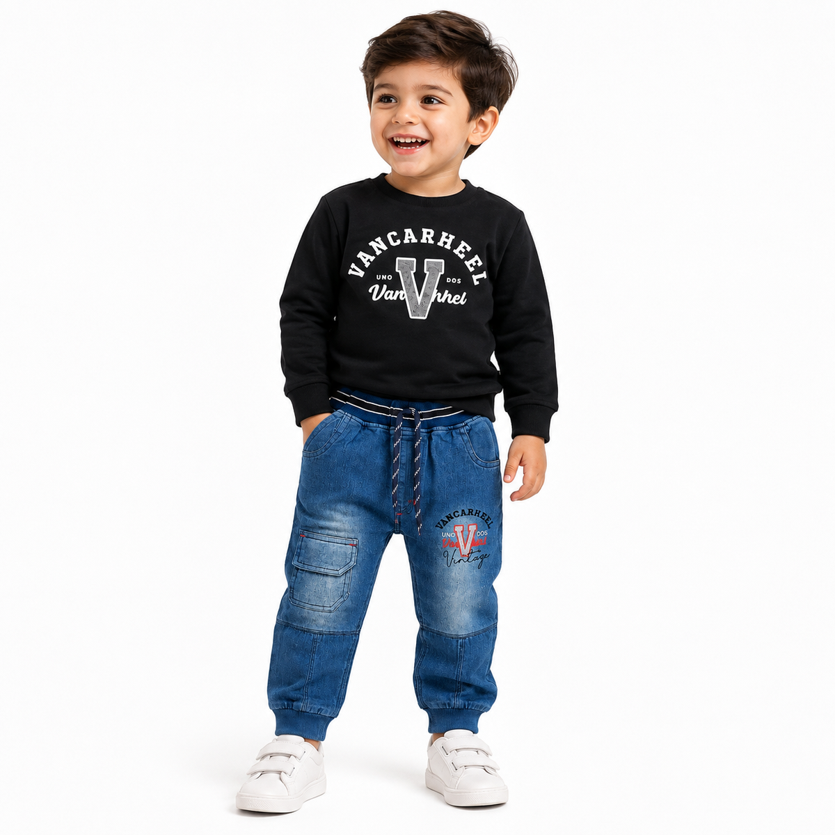 Boys 2 Piece Outfit Set, Sweatshirt & Blue Denim Jogger Pants