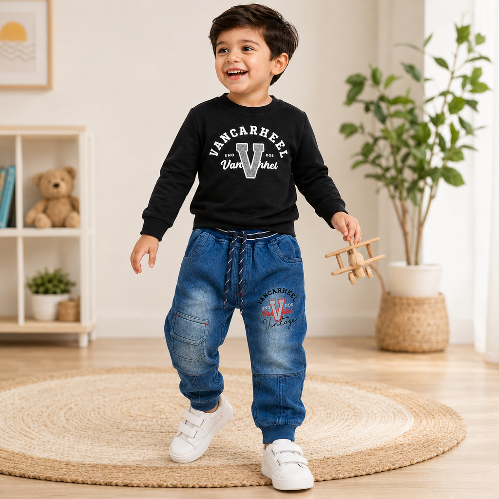 Boys 2 Piece Outfit Set, Sweatshirt & Blue Denim Jogger Pants