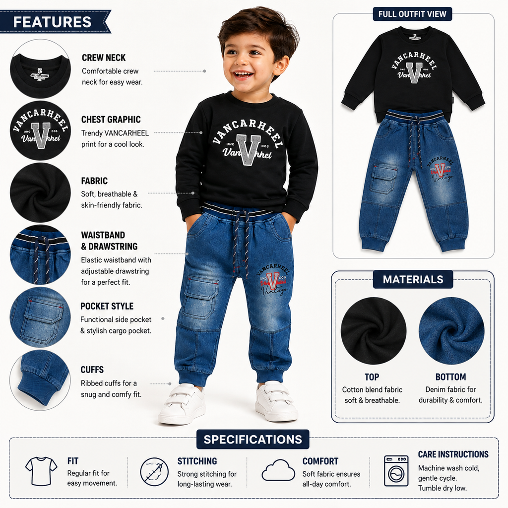 Boys 2 Piece Outfit Set, Sweatshirt & Blue Denim Jogger Pants