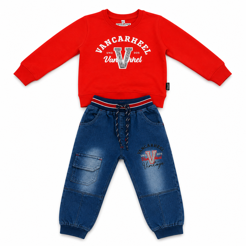 Boys 2 Piece Outfit Set, Sweatshirt & Blue Denim Jogger Pants