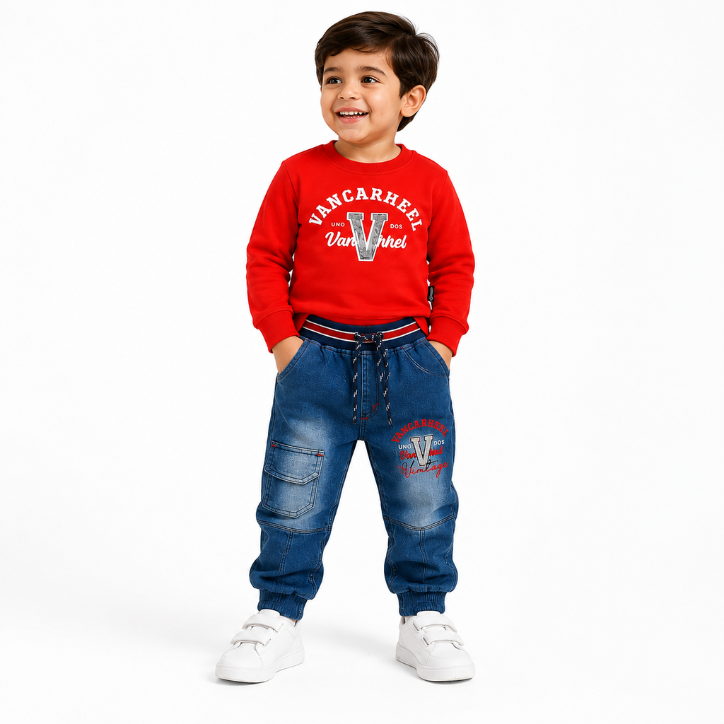 Boys 2 Piece Outfit Set, Sweatshirt & Blue Denim Jogger Pants