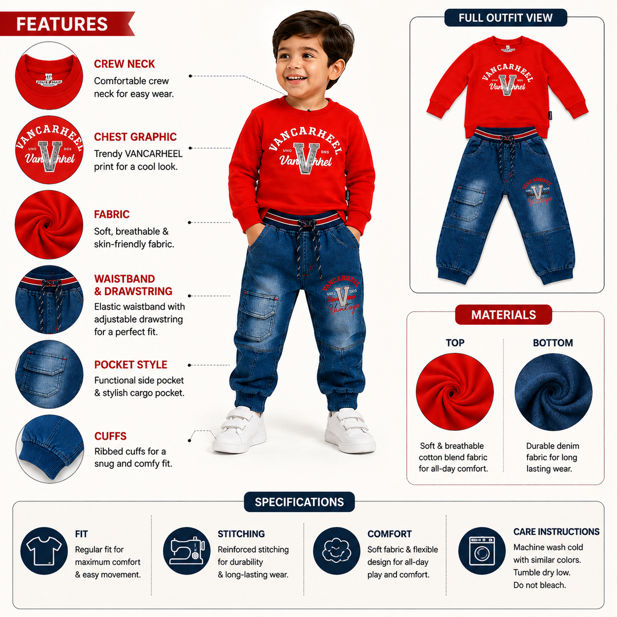 Boys 2 Piece Outfit Set, Sweatshirt & Blue Denim Jogger Pants
