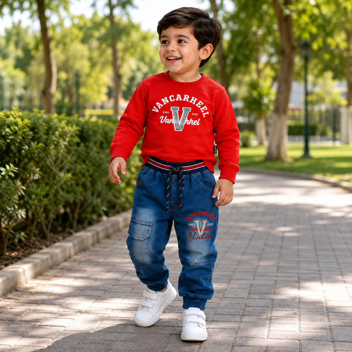 Boys 2 Piece Outfit Set, Sweatshirt & Blue Denim Jogger Pants