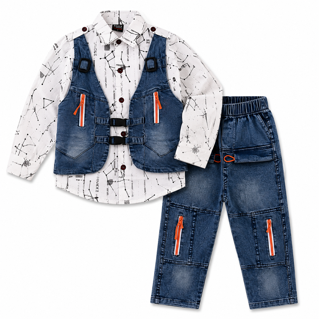 Boys 3 Piece Denim Vest Outfit Set