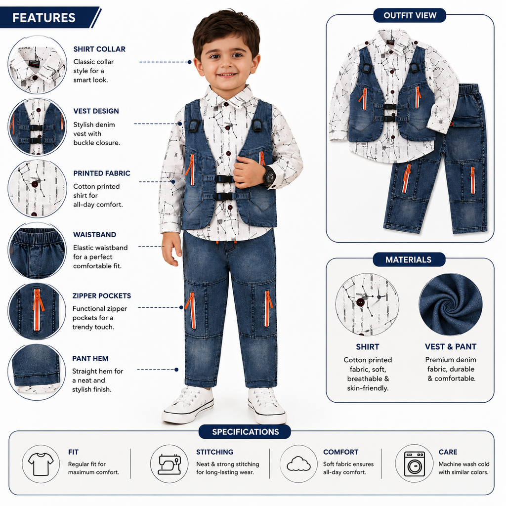 Boys 3 Piece Denim Vest Outfit Set
