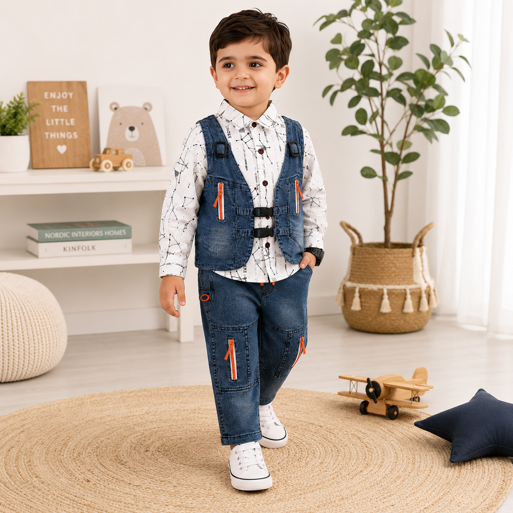 Boys 3 Piece Denim Vest Outfit Set