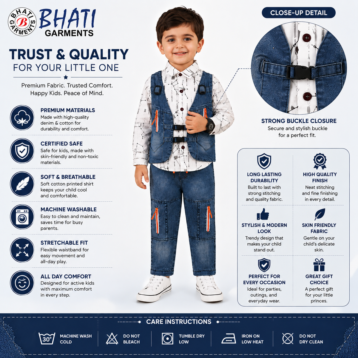 Boys 3 Piece Denim Vest Outfit Set