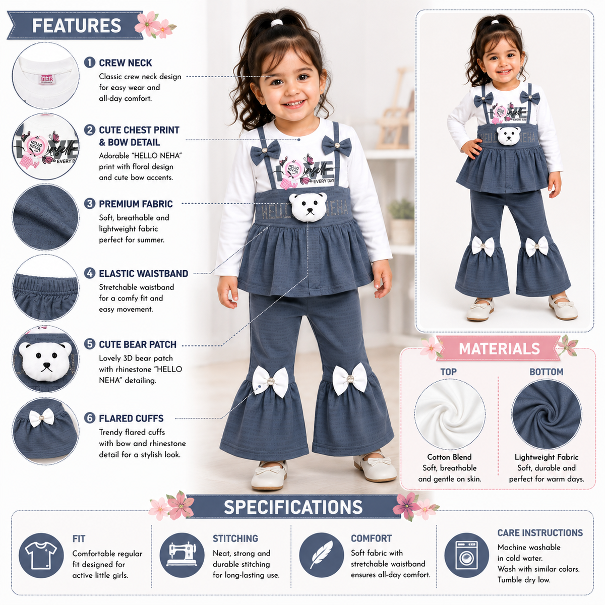 Girls Bear Bow 2-Piece Outfit Set