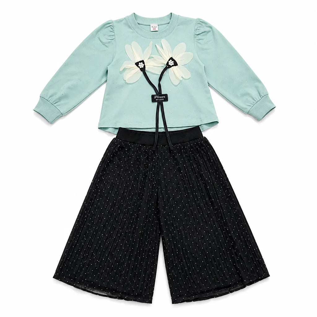 Girls 2-Piece Summer Outfit Set – Floral Top & Wide-Leg Pants