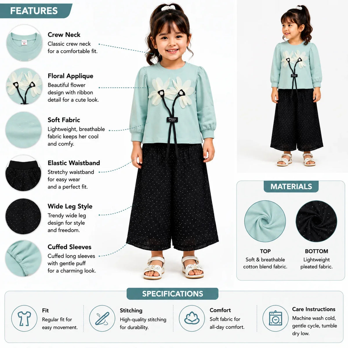 Girls 2-Piece Summer Outfit Set – Floral Top & Wide-Leg Pants