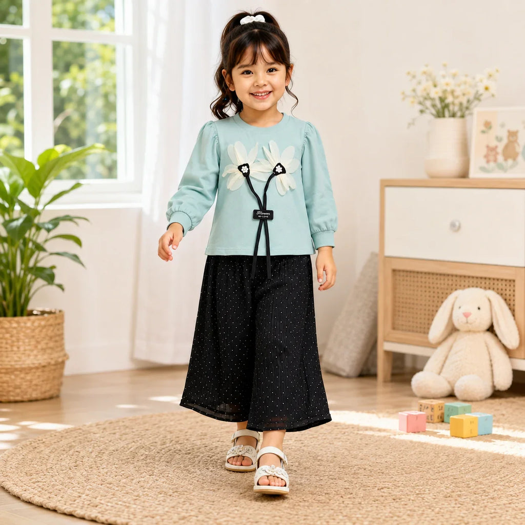 Girls 2-Piece Summer Outfit Set – Floral Top & Wide-Leg Pants