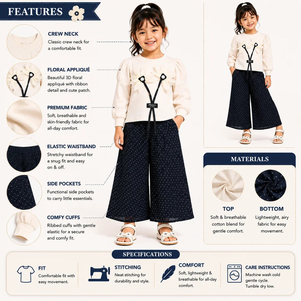 Girls 2-Piece Summer Outfit Set – Floral Top & Wide-Leg Pants