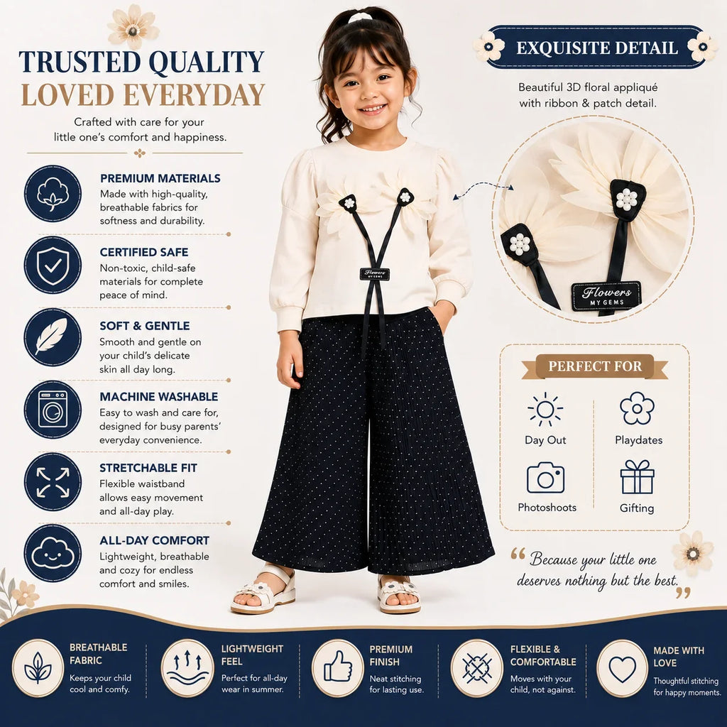 Girls 2-Piece Summer Outfit Set – Floral Top & Wide-Leg Pants
