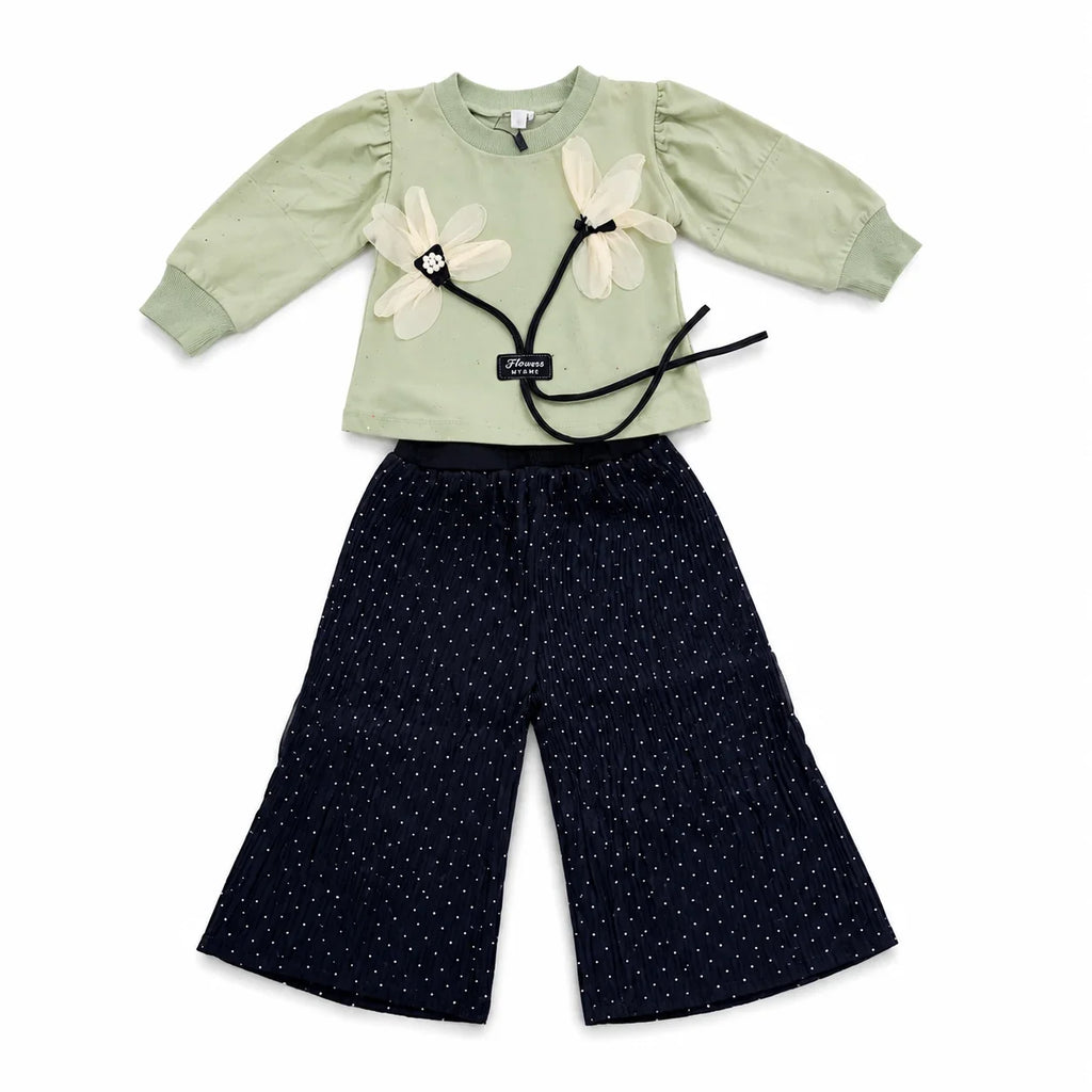 Girls 2-Piece Summer Outfit Set – Floral Top & Wide-Leg Pants