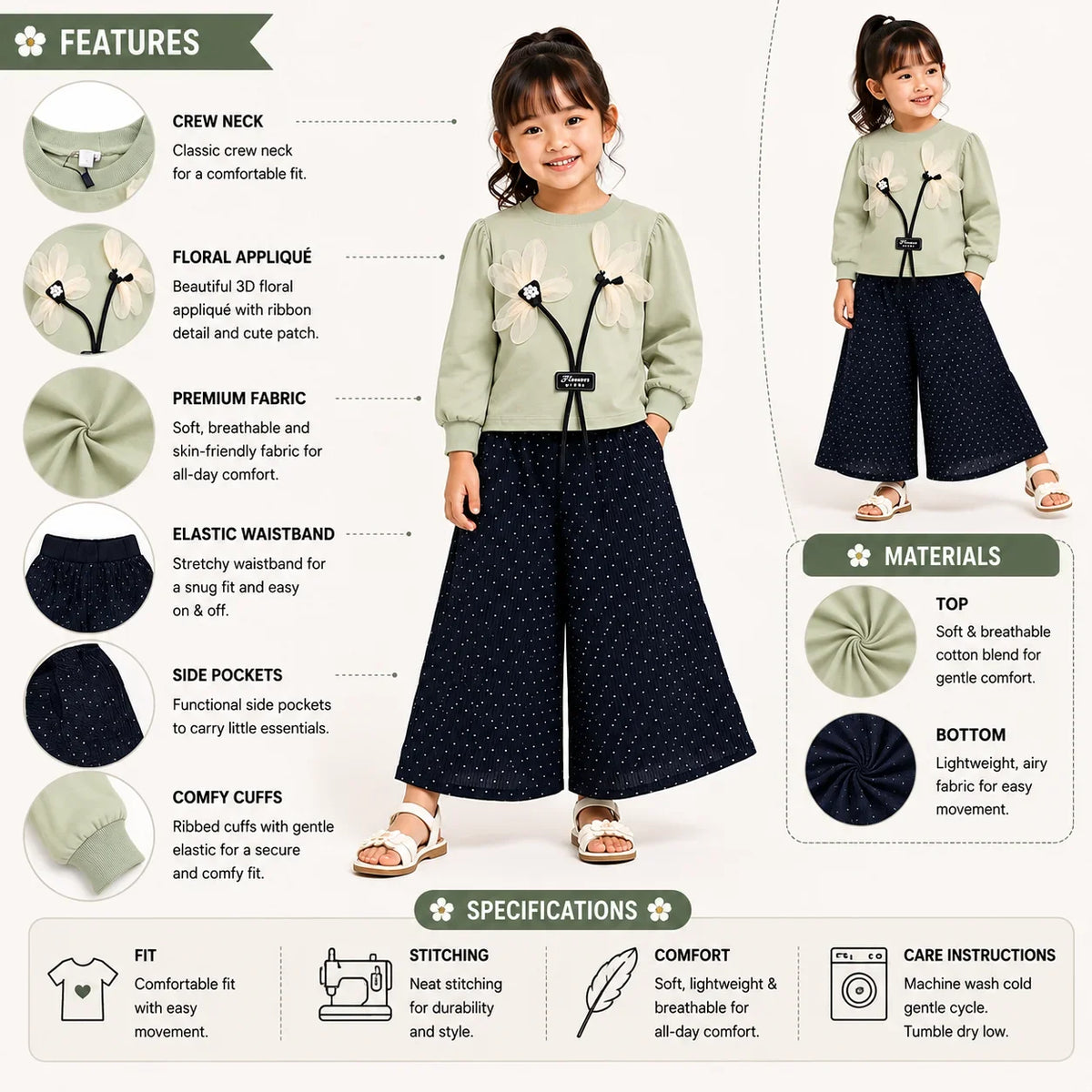 Girls 2-Piece Summer Outfit Set – Floral Top & Wide-Leg Pants