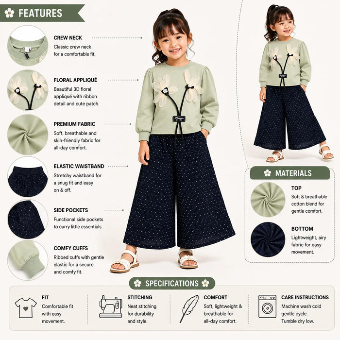 Girls 2-Piece Summer Outfit Set – Floral Top & Wide-Leg Pants