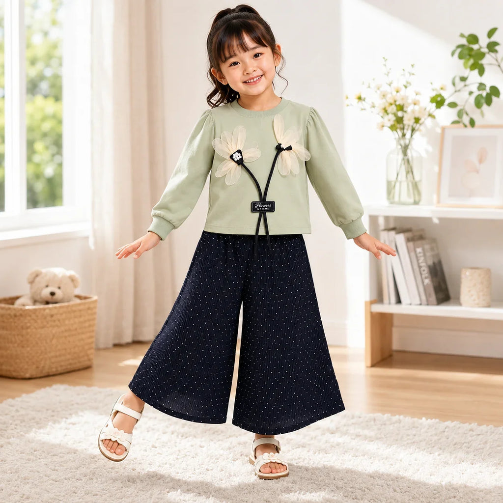 Girls 2-Piece Summer Outfit Set – Floral Top & Wide-Leg Pants