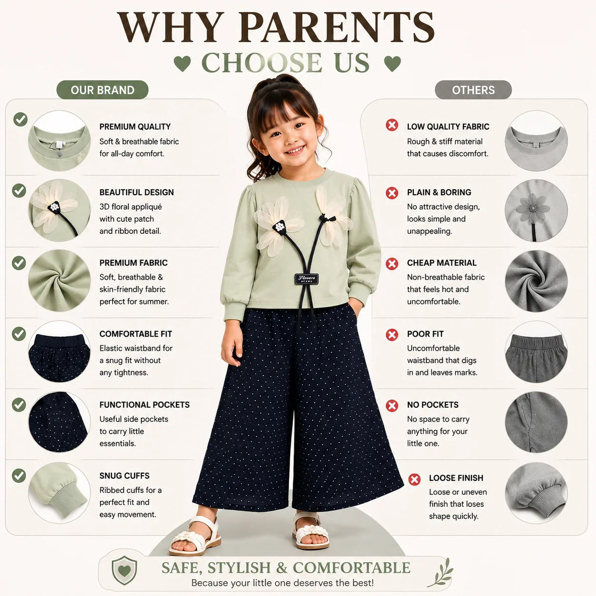 Girls 2-Piece Summer Outfit Set – Floral Top & Wide-Leg Pants
