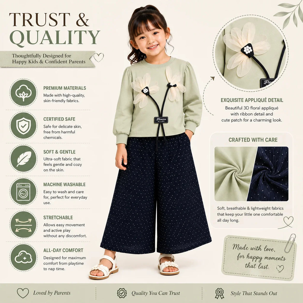 Girls 2-Piece Summer Outfit Set – Floral Top & Wide-Leg Pants