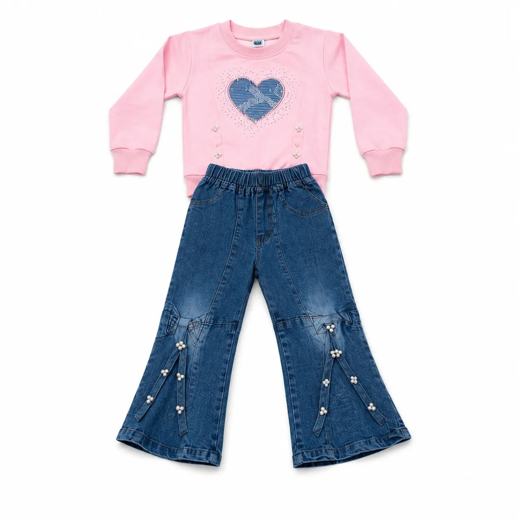 Girls 2-Piece Summer Outfit Set – Pink Heart Sweatshirt & Wide-Leg Denim Pants