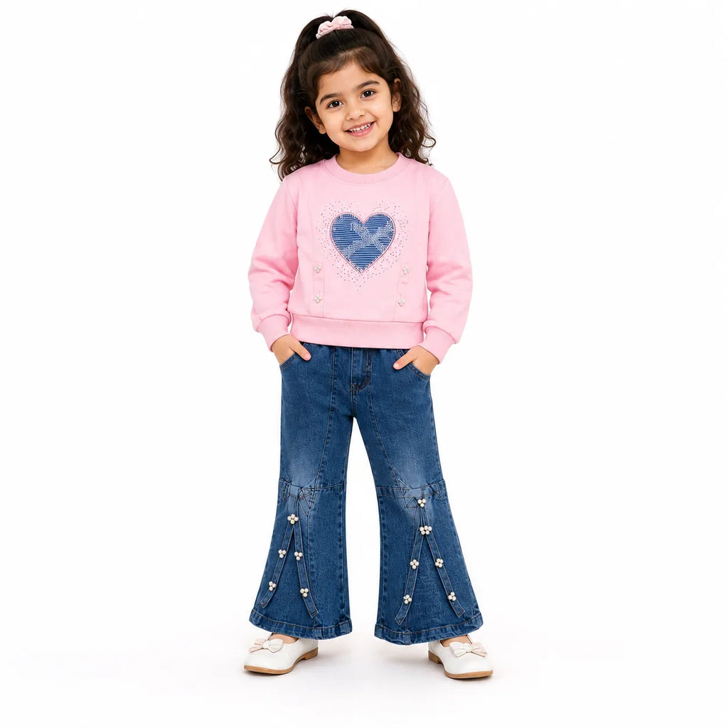 Girls 2-Piece Summer Outfit Set – Pink Heart Sweatshirt & Wide-Leg Denim Pants