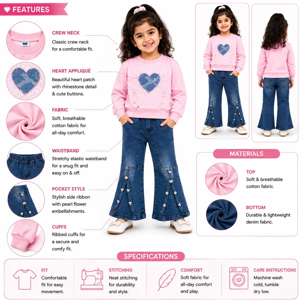 Girls 2-Piece Summer Outfit Set – Pink Heart Sweatshirt & Wide-Leg Denim Pants