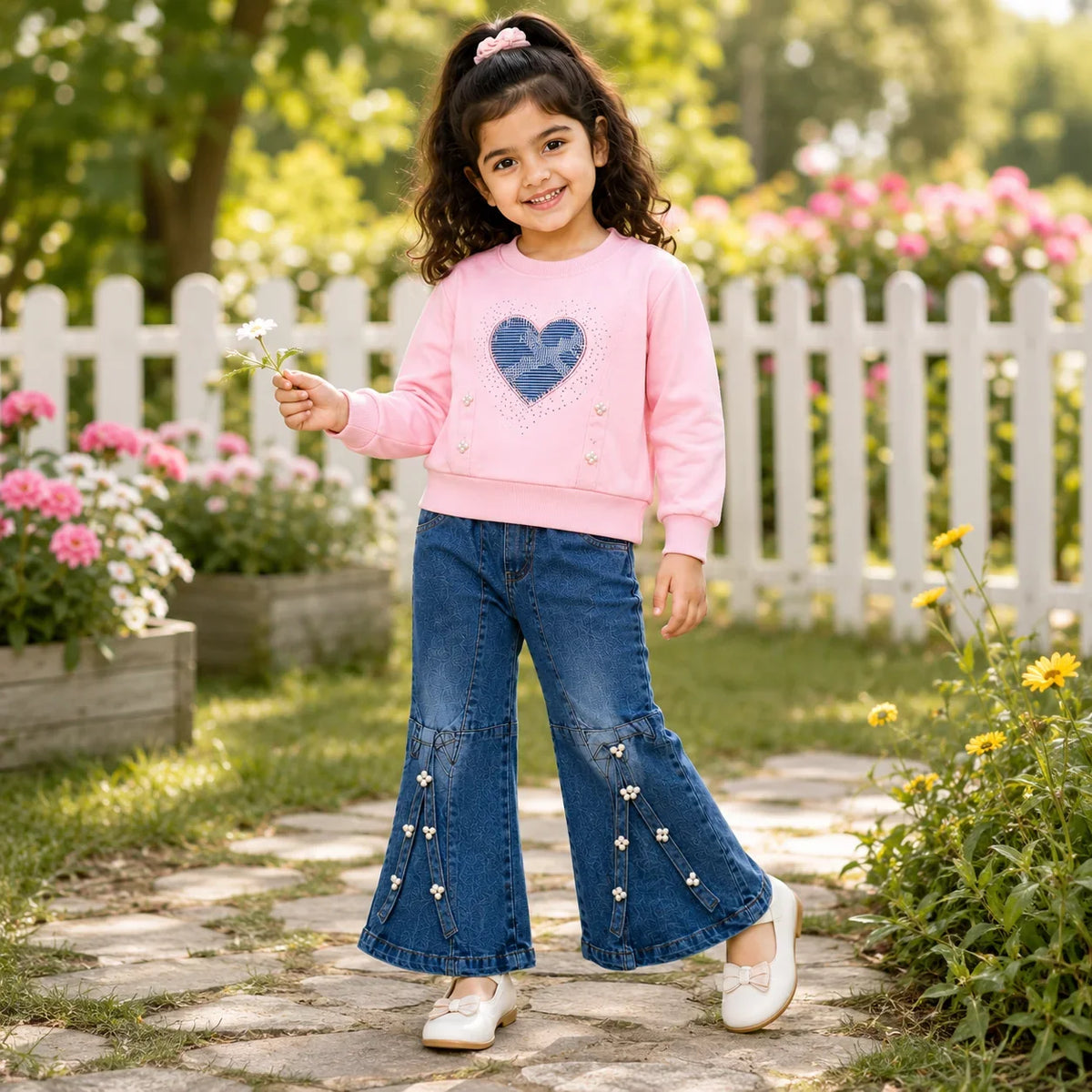 Girls 2-Piece Summer Outfit Set – Pink Heart Sweatshirt & Wide-Leg Denim Pants