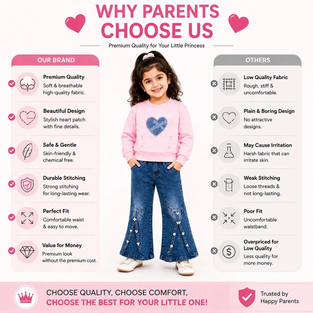 Girls 2-Piece Summer Outfit Set – Pink Heart Sweatshirt & Wide-Leg Denim Pants