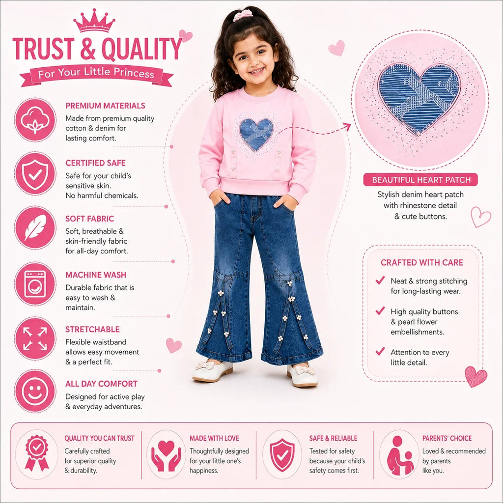 Girls 2-Piece Summer Outfit Set – Pink Heart Sweatshirt & Wide-Leg Denim Pants
