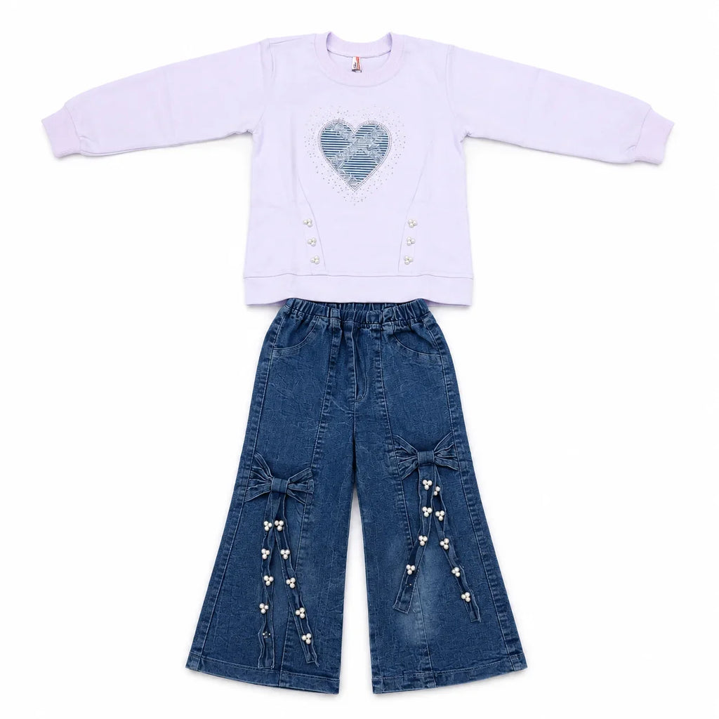 Girls 2-Piece Summer Outfit Set – Pink Heart Sweatshirt & Wide-Leg Denim Pants