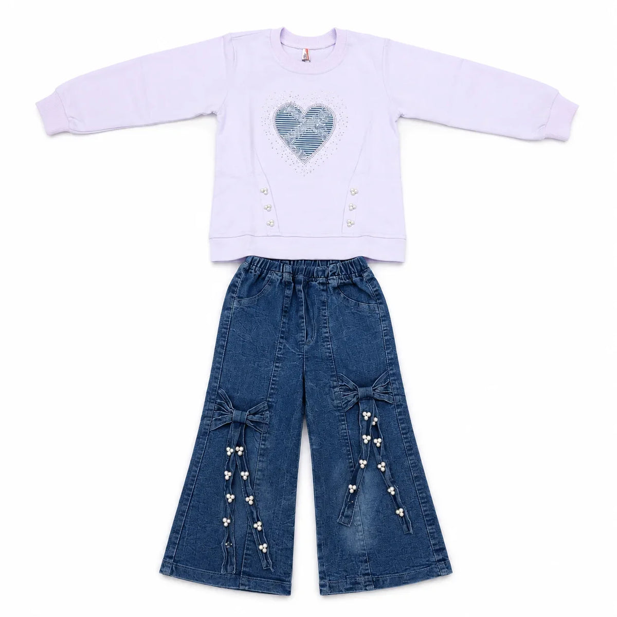 Girls 2-Piece Summer Outfit Set – Pink Heart Sweatshirt & Wide-Leg Denim Pants