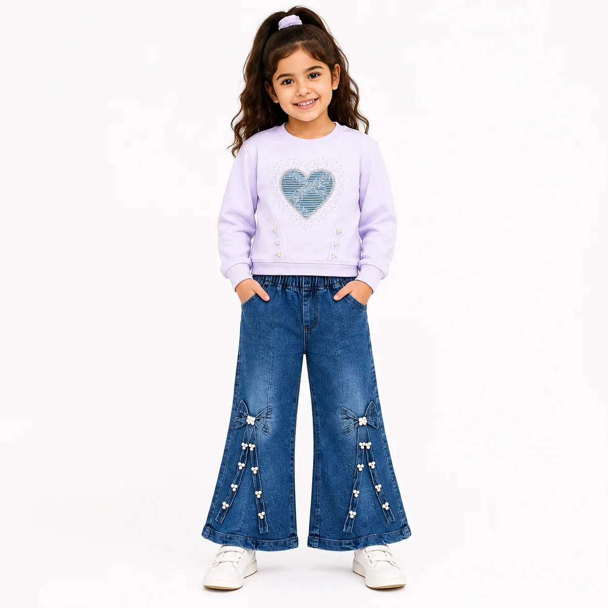 Girls 2-Piece Summer Outfit Set – Pink Heart Sweatshirt & Wide-Leg Denim Pants
