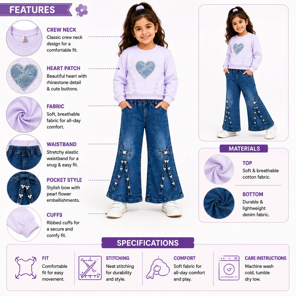 Girls 2-Piece Summer Outfit Set – Pink Heart Sweatshirt & Wide-Leg Denim Pants