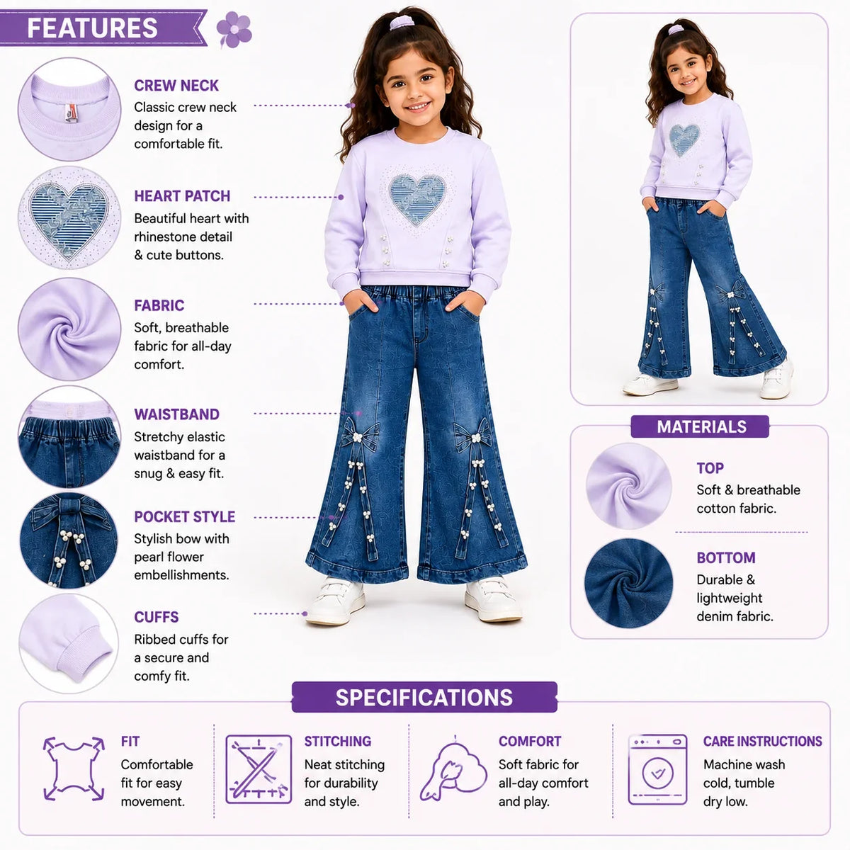 Girls 2-Piece Summer Outfit Set – Pink Heart Sweatshirt & Wide-Leg Denim Pants